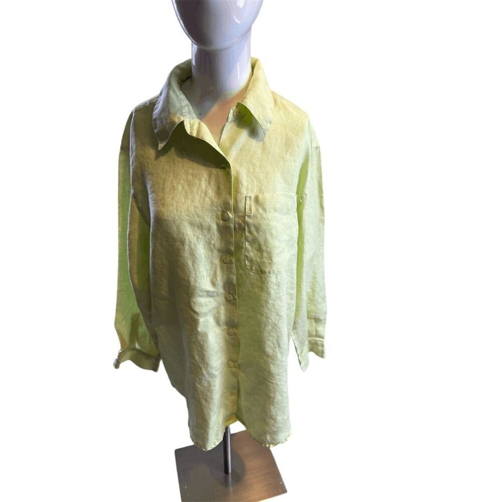 Liz Claiborne Sport Linen Shirt for Women Sz M W/Pocket Long Sleeves Neon Yellow